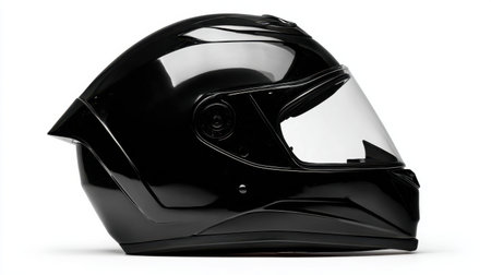 A sleek and modern glossy black motorcycle helmet displayed in profile on a white background, highlighting its protective features and stylish design.の素材