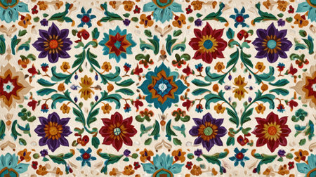 This vibrant floral pattern features intricate designs with a variety of colorful blooms, perfect for textiles, wallpapers, or artistic decorations.の素材