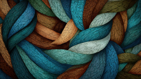 This artwork features an intricate arrangement of colorful, interwoven textures that create a captivating and vibrant background, perfect for artistic projects.の素材