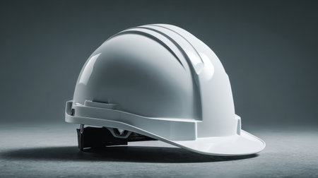 A sleek white safety helmet rests on a textured gray surface, featuring clean lines and a modern design. Perfect for themes related to construction and workplace safety.の素材
