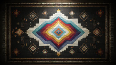 A stunning geometric rug featuring an array of vibrant colors set against a dark backdrop. Perfect for interior decor and artistic expression in modern spaces.の素材