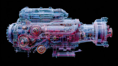 Explore a captivating x-ray visualization of an engine, showcasing intricate components and a blend of colors, merging technology with artistic design.の素材