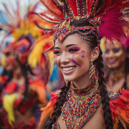 A joyful dancer embodies the spirit of celebration, adorned with a stunning feathered costume and colorful makeup. The vibrant atmosphere captures the essence of a traditional festival.の素材