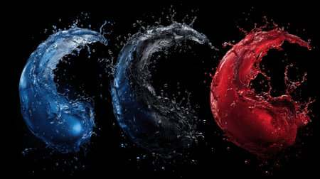 A stunning display of water splashes in blue, black, and red colors against a dark backdrop, creating a dynamic and energetic visual appealing to artists and designers.の素材