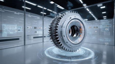 This image showcases a high-tech mechanical gear set in a futuristic laboratory environment, featuring digital interfaces and data visualizations to illustrate innovation.の素材