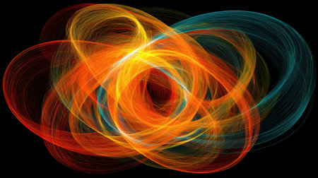 This mesmerizing abstract artwork features vibrant swirls of colorful light creating dynamic patterns against a dark backdrop, evoking energy and creativity.の素材