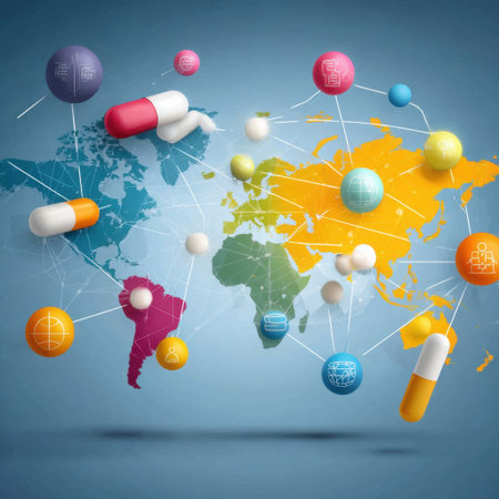This dynamic image showcases a colorful world map interspersed with medicine symbols, representing the vital connections in global health and pharmaceutical innovation.の素材