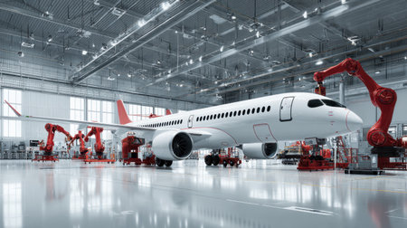 A sleek aircraft stands in a spacious manufacturing facility, showcasing advanced robotics and modern technology in the aviation industry. Bright and tidy work environment.の素材