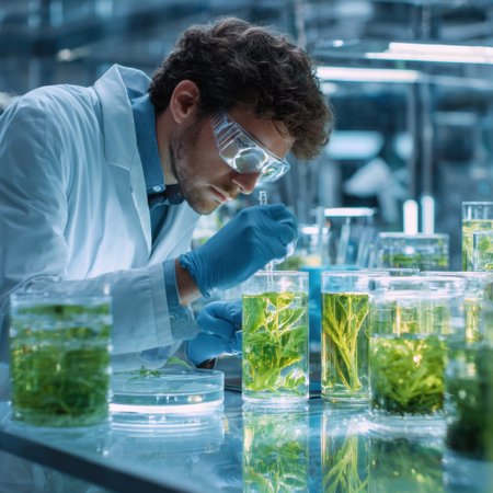 A dedicated scientist works diligently in a modern laboratory, conducting detailed research on various plant samples housed in glass containers, highlighting the importance of scientific exploration and discovery.の素材