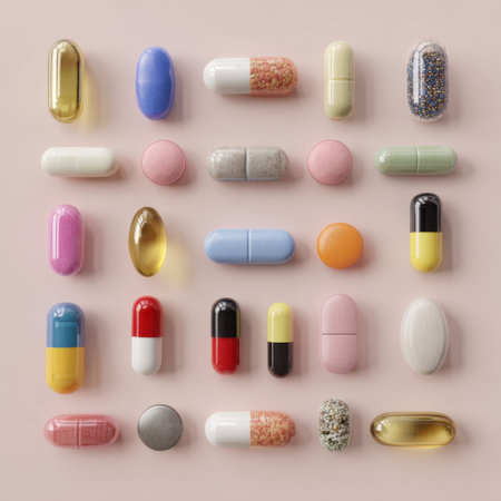 A vibrant assortment of pills and capsules is artfully arranged on a soft pink background, emphasizing health and wellness themes in modern life.の素材