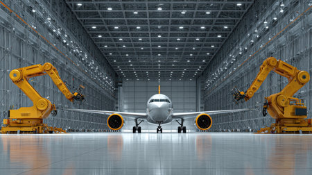 A modern aircraft maintenance hangar showcasing advanced robotics alongside a sleek airplane. The high-tech environment is designed for efficiency and innovation in aviation.の素材
