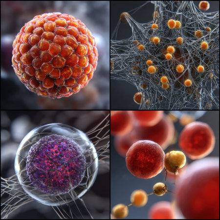 Vibrant and intricate visualization showcasing various microbial structures and biological cells. Ideal for educational and scientific purposes, emphasizing the beauty of microscopic life.の素材