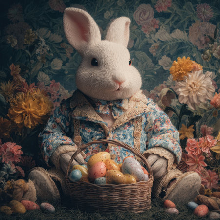 A delightful scene featuring a cute bunny dressed in floral attire, sitting with a basket full of colorful eggs amidst bright flowers, capturing the essence of spring celebrations.の素材