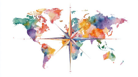 This vibrant watercolor world map features a beautiful compass rose at its center, showcasing an array of colors. Perfect for travel enthusiasts and educators, this artwork adds a creative touch to any space.の素材