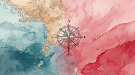 This vintage watercolor map showcases a compass rose at its center, surrounded by a beautiful blend of soft pastel colors representing land and sea. Perfect for travel enthusiasts, explorers, and artistic projects.の素材