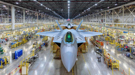 This image captures the interior of a large aerospace manufacturing facility, highlighting the intricate production lines for advanced aircraft. The scene emphasizes innovation and engineering collaboration.の素材