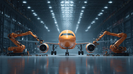 A striking airplane positioned in a spacious hangar, flanked by robotic arms poised for maintenance. The dramatic lighting highlights the modern technology and industrial setting, showcasing the future of aircraft servicing.の素材