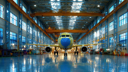 A large airplane is positioned in an expansive hangar featuring bright windows and industrial equipment under soft lighting. Ideal for aviation themes.の素材