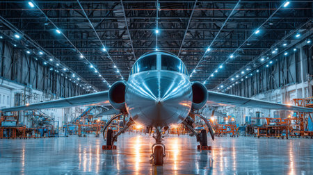 A contemporary jet aircraft positioned prominently in a well-lit hangar, showcasing reflections on the polished floor amidst intricate industrial details.の素材