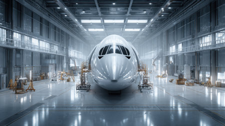 A sleek modern aircraft stands prominently in a spacious hangar filled with bright lighting and maintenance equipment, capturing the essence of aviation technology.の素材