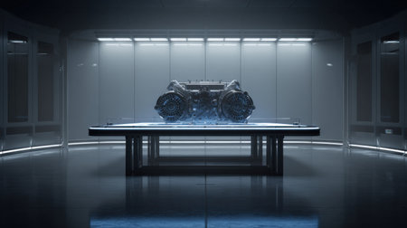 A captivating view of a high-tech engine displayed in a modern laboratory. The sleek design and ambient lighting create an atmosphere of innovation and exploration.の素材