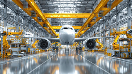 A sleek airplane stands prominently in a modern industrial factory, surrounded by advanced robotics and manufacturing equipment, showcasing innovation in aerospace technology.の素材