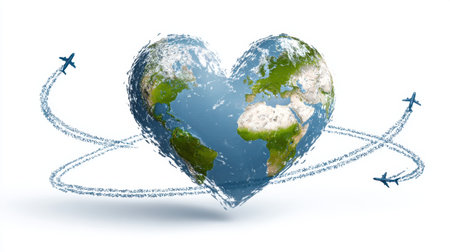 A creative illustration of Earth shaped like a heart, surrounded by airplanes, symbolizing love for travel and global connection in a vibrant, scenic design.の素材