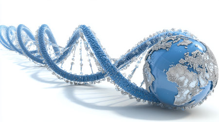 This detailed 3D illustration features a DNA strand intertwining around a blue globe, symbolizing the intersection of biotechnology and global genetic research, evoking themes of innovation and discovery.の素材