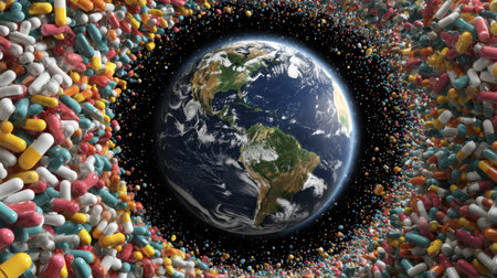 This imaginative illustration features Earth at the center, encircled by vibrant capsules and pills, symbolizing the connection between planet health and medicine.の素材
