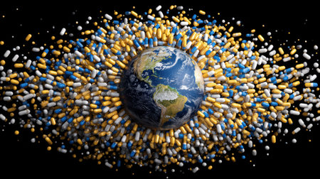 A striking visual representation of Earth encircled by vibrant capsules and pills, illustrating the intersection of global health, medicine, and wellness.の素材