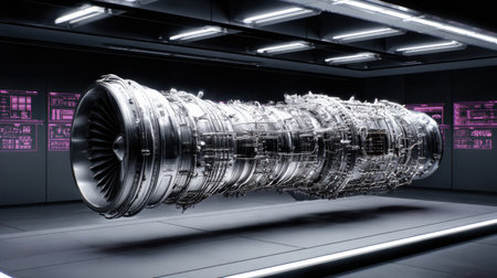 This striking image showcases a futuristic engine design, featuring intricate metallic components and advanced technology within a high-tech environment.の素材