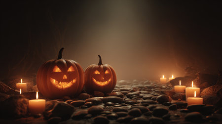 Captivating Halloween scene featuring two carved pumpkins surrounded by glowing candles and smooth rocks, creating a mysterious, festive atmosphere.の素材