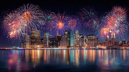 A stunning view of a city skyline illuminated by vibrant fireworks against the night sky. The fireworks reflect on calm waters, creating a magical atmosphere.の素材