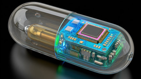 This image depicts a transparent capsule featuring intricate electronic components, highlighting the intersection of technology and medicine. The illuminated microchip represents modern innovation in health sciences.の素材