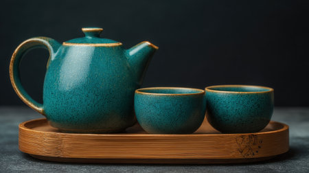 A stunning turquoise teapot paired with matching cups, presented on a natural wooden tray. The soft lighting highlights the craftsmanship and elegance, perfect for any cozy tea setting.の素材