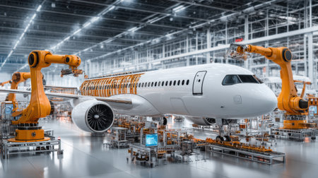 This image showcases a modern aircraft production facility, highlighting robotic arms assembling airplane components in a cutting-edge environment.の素材