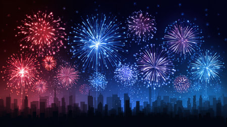 A stunning fireworks display lights up the night sky above a city skyline, showcasing vibrant colors and patterns, perfect for celebration themes.の素材