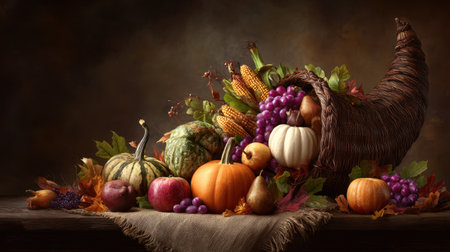A stunning arrangement of colorful fruits and vegetables spills from a rustic cornucopia, celebrating the beauty of autumn harvest in a warm atmosphere.の素材