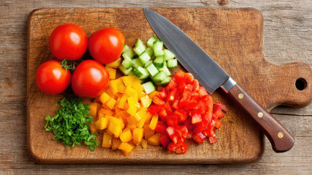A vibrant assortment of freshly cut vegetables including tomatoes, cucumber, and bell peppers displayed on a wooden cutting board with a knife. Perfect for healthy meal preparation.の素材