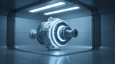 This image showcases an advanced jet engine component in a sleek, high-tech laboratory setting, emphasizing modern engineering and innovative design.の素材