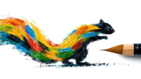 This vibrant illustration showcases a silhouette of a squirrel infused with bright colors and paint strokes, symbolizing creativity and imagination.の素材