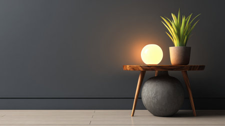 A beautifully arranged modern minimalist table featuring a decorative plant and a warm ambient light against a dark wall, perfect for stylish interiors.の素材