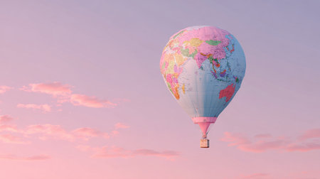 A stunning hot air balloon featuring a world map design gracefully floats above a serene pink sunset sky, creating a tranquil and whimsical scene.の素材