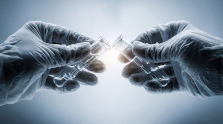 Two hands in gloves hold glass test tubes, illuminated by bright light in a laboratory setting. This image captures the essence of scientific research and experimentation.の素材
