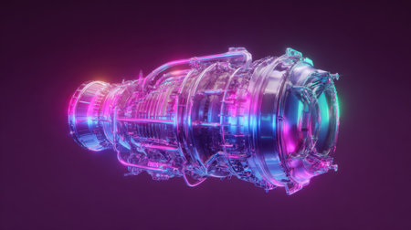 This striking image features a futuristic turbine engine designed with a vibrant neon glow. The intricate details showcase advanced technology and innovation, making it an ideal visual for scientific and mechanical applications.の素材