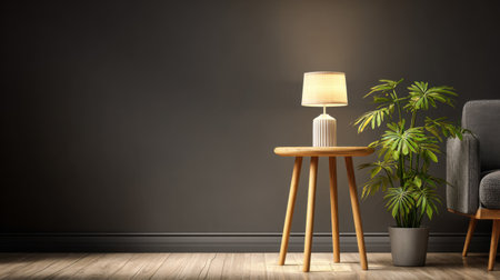 A serene living room corner featuring a warm light lamp on a wooden table, a lush green plant, and a soft upholstered sofa, creating a cozy atmosphere.の素材