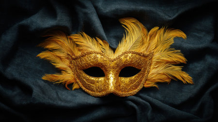 An exquisite golden mask adorned with vibrant feathers rests elegantly on a dark fabric surface, showcasing its intricate design and luxurious appeal.の素材