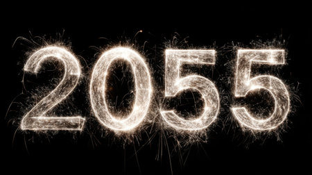 A stunning image of glowing numbers "2055" created with sparkler fireworks against a black background, symbolizing celebration and excitement for New Year.の素材