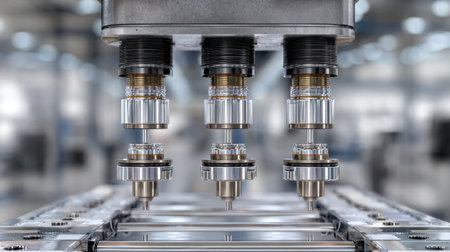 This image showcases advanced precision machinery with robotic arms, highlighting automation and efficiency in modern manufacturing settings.の素材