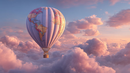 Experience the wonder of a colorful hot air balloon soaring high above fluffy clouds at sunset, showcasing vibrant hues and breathtaking views.の素材